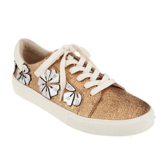 Vince Camuto Leather Lace Up Sneakers Claudinia Metallic Flowers size 10 M - Picture 1 of 11